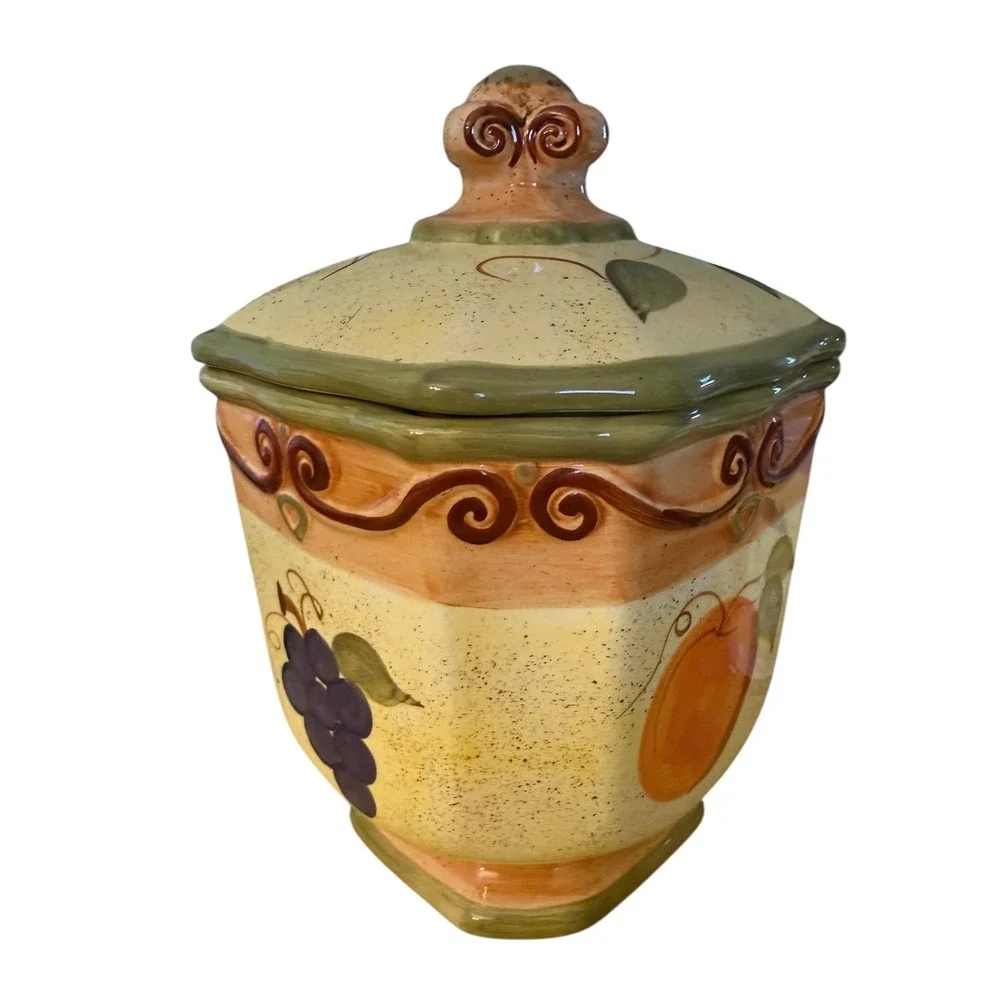 Set of 4 Medici‎ Hand-painted Ceramic Canisters w/ Lids Fruit & Scroll Pattern